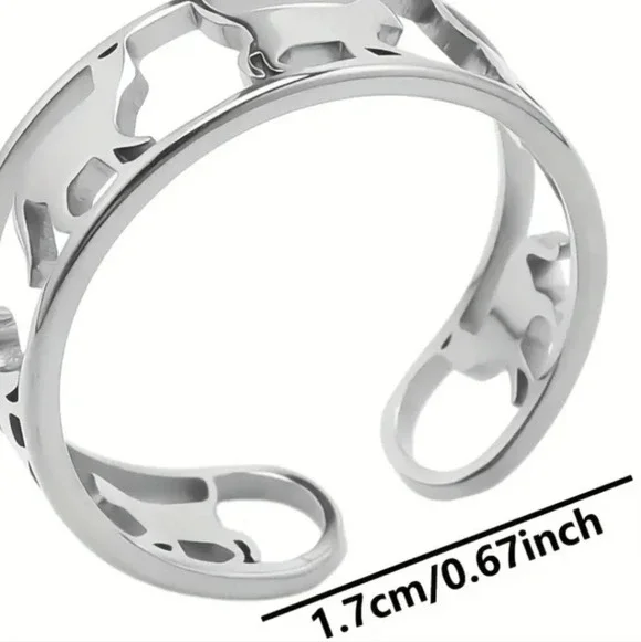 Cuff style adjustable silver color metal cat ring, cutout - Picture 2 of 5